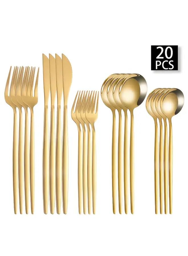 20 Piece Stainless Steel Dinnerware Set Golden Mirror Polish Cutlery Collection - Image 1